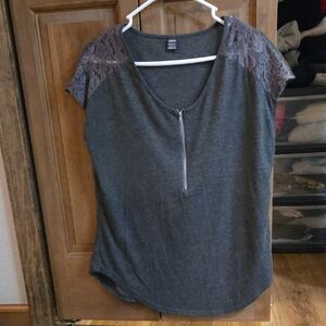 Shein Dark Gray Lace Shoulder Tee